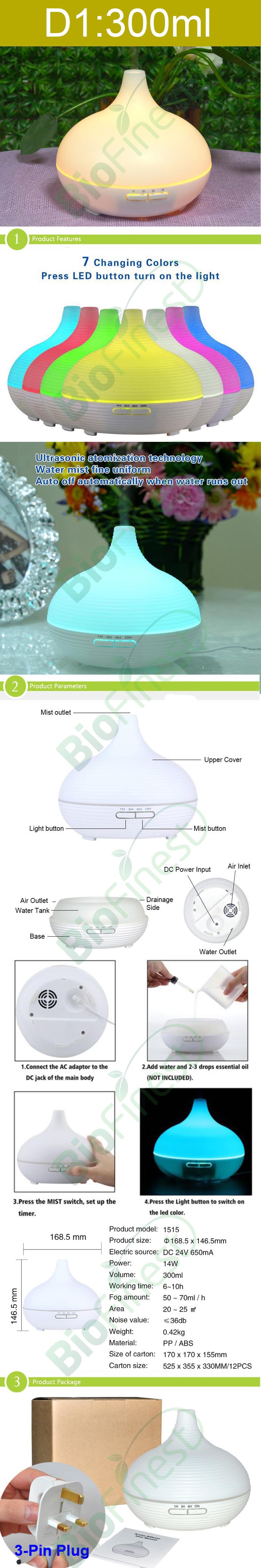 D1 (300ml) Ultrasonic Aroma Diffuser/ Air Humidifier/ Purifier/ 7-Color